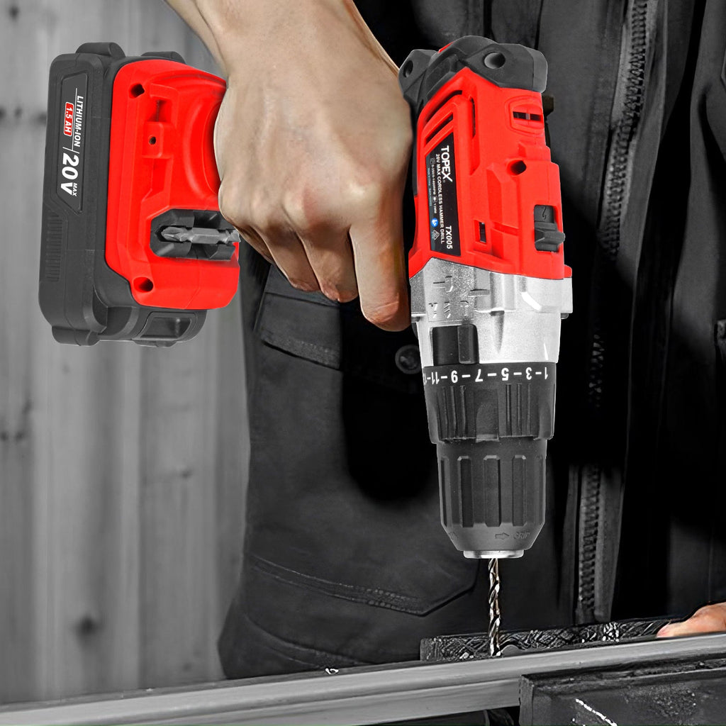 TOPEX 20V Cordless Hammer Drill Impact Driver Power Tool Combo Kit w/ Drill Bits