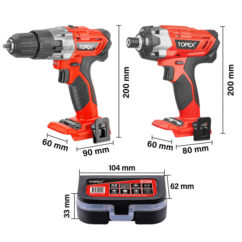 TOPEX 20V Cordless Twin Drill & Impact Driver Set & 32 Screwdriver Bits set