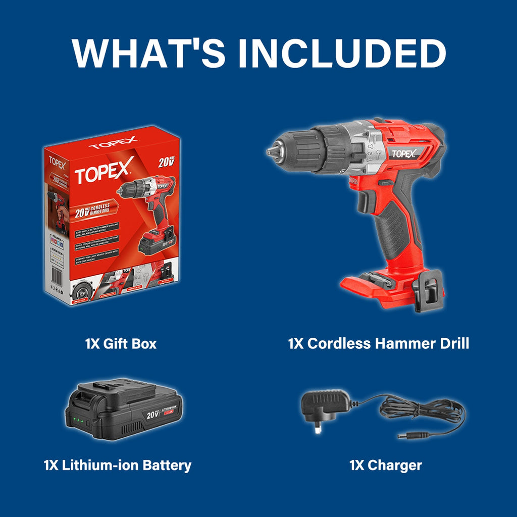 TOPEX 20V Lithium-Ion Cordless Drill Driver Impact Hammer drill w/ Battery Charger