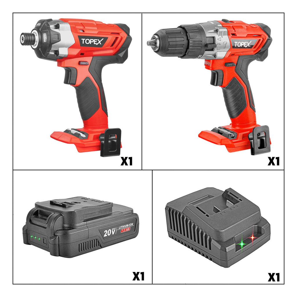 TOPEX 20V Cordless Combo Kit Hammer Drill & Impact Driver w/ Fast Charger