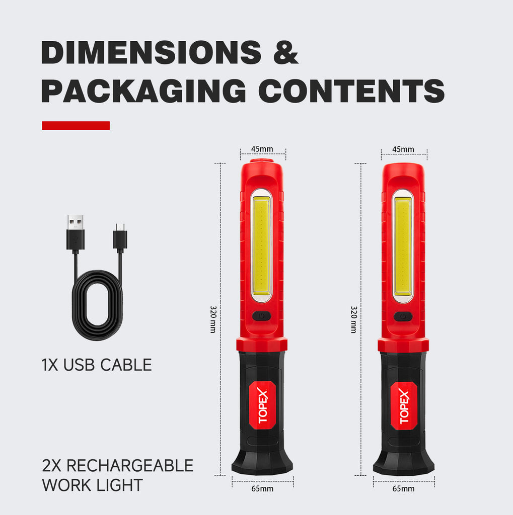 TOPEX 2 x 10W 2000 Lumens Magnetic Rechargeable Work Light with Hook for Car Repair, Garage, Workshop