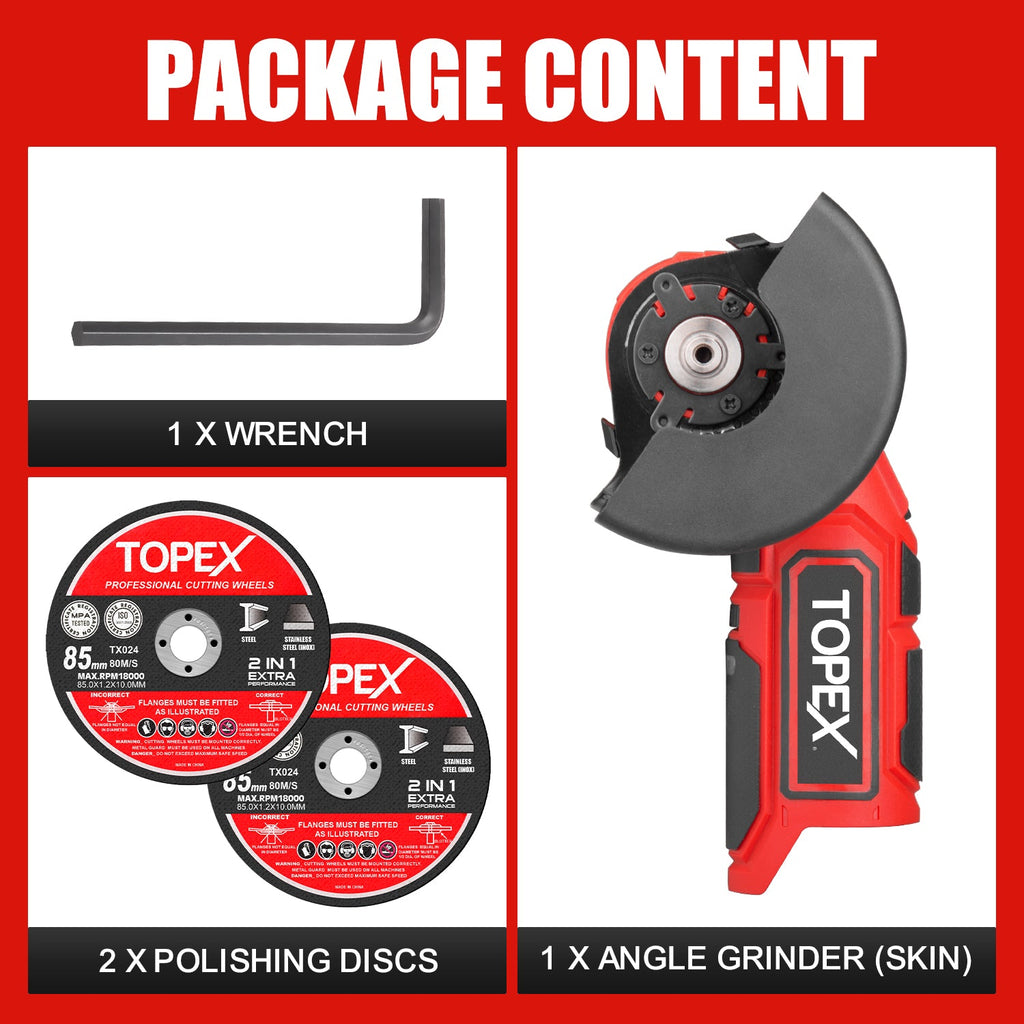 TOPEX 12V Cordless Angle Grinder Skin Only without Battery,with 2 Polishing disc & 1 Wrench for Metal and Wood