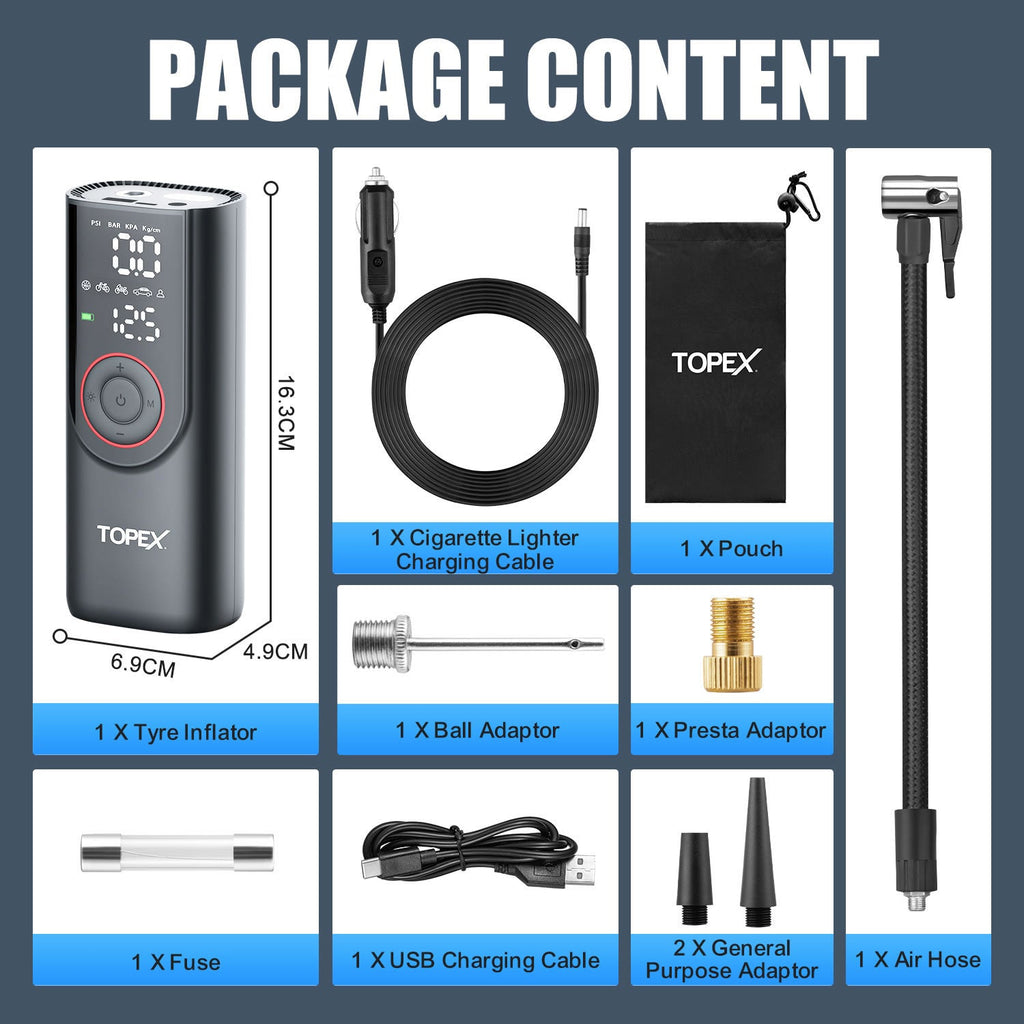 TOPEX 12V Car Tyre Inflator Portable Air Compressor Cordless Air Pump 150PSI Air Pump Dual Power Electric Tyre Pump for Car/ Motorcycle/ Bike/ Ball/ Custom