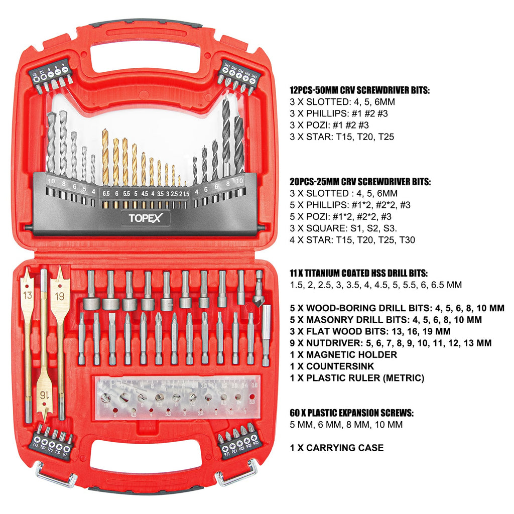 TOPEX 128 Piece Drill Bit Set HSS Titanium Drill & Screwdriver Bit Set with Case