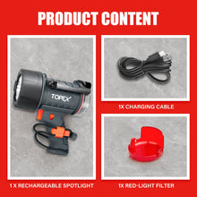 Load image into Gallery viewer, TOPEX Rechargeable Spotlight with 1000 Lumen Cree LED, IP67 Waterproof Handheld Flashlight Searchlight with Detachable Red Light Filter