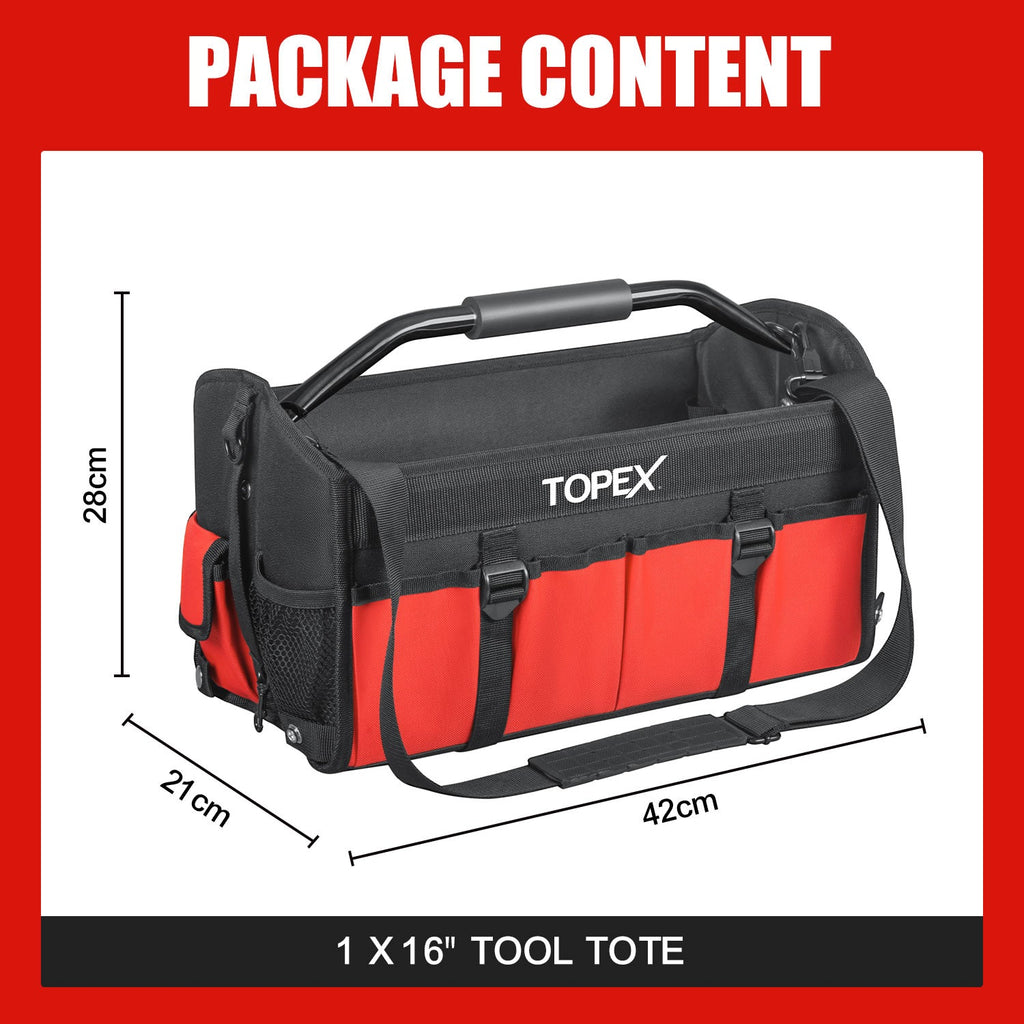 TOPEX 16 Inch Tool Bag, Multi-pocket Tool Organiser, High Bearing Wide Mouth Tool Tote Bag with Adjustable Shoulder Strap, Foldable, Rotatable Steel Handle