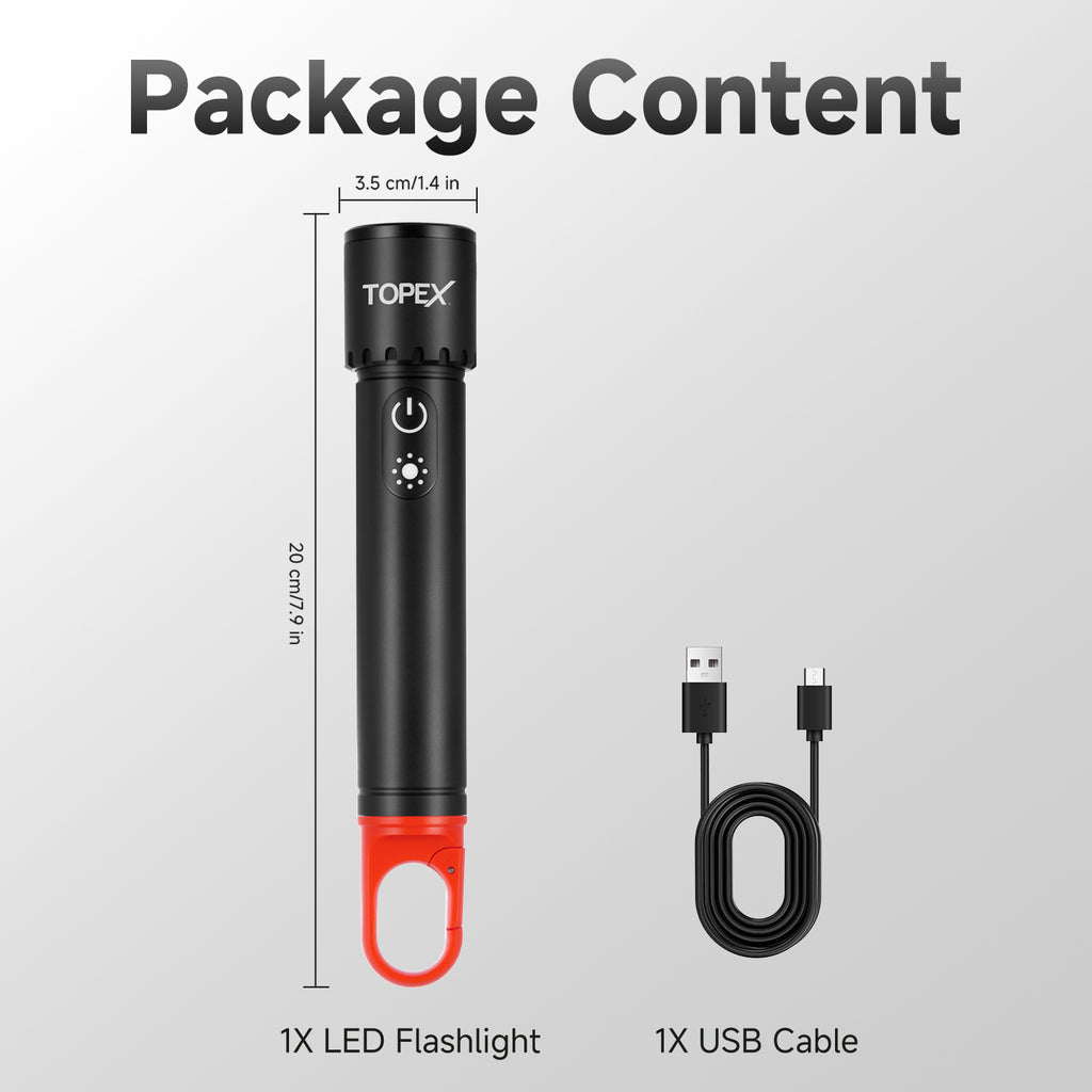TOPEX LED Torch Rechargeable, 800 Lumens, 600M Super Bright Adjustable Focus Flashlight, 9 Lighting Modes, Waterproof Torch for Camping, Outdoor