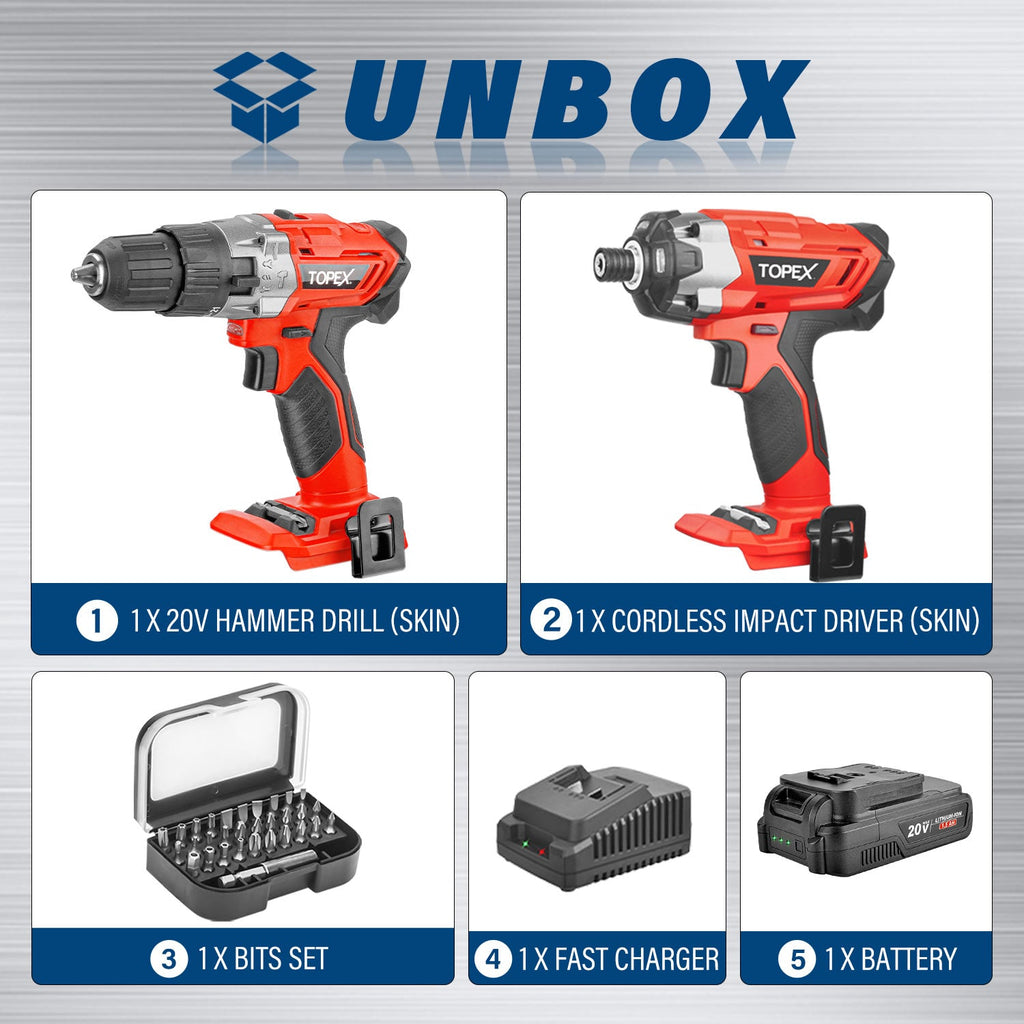 TOPEX 20V Cordless Twin Drill & Impact Driver Set & 32 Screwdriver Bits set
