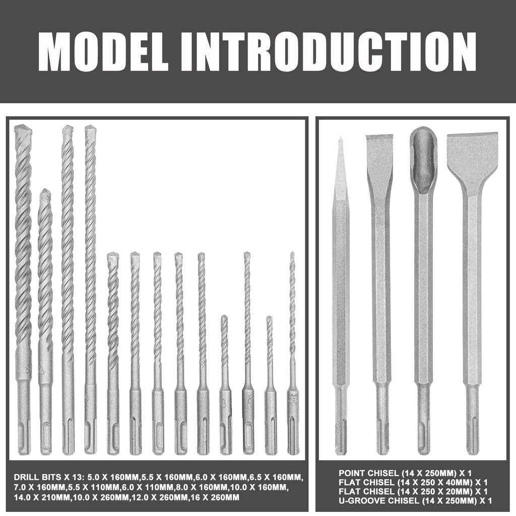 TOPEX 17 Piece SDS PLUS Rotary Hammer Drill Bits Set & Chisel Bits Hole Tool Set