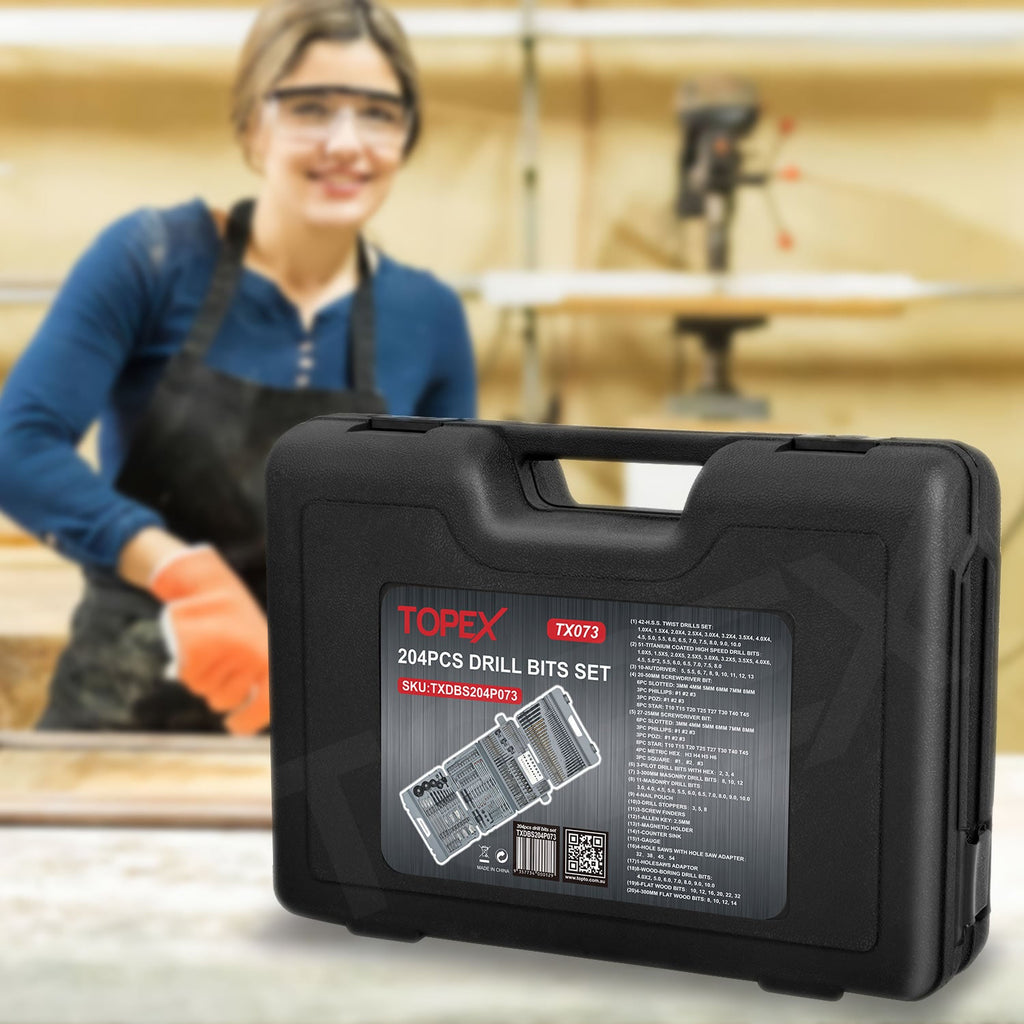 TOPEX 204PC Combination Titanium Drill Bit Set Screw Bits for Metal Wood Masonry