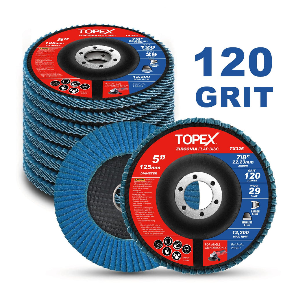 TOPEX 125mm Zirconia Flap Disc, 120 Grit, 10Pack