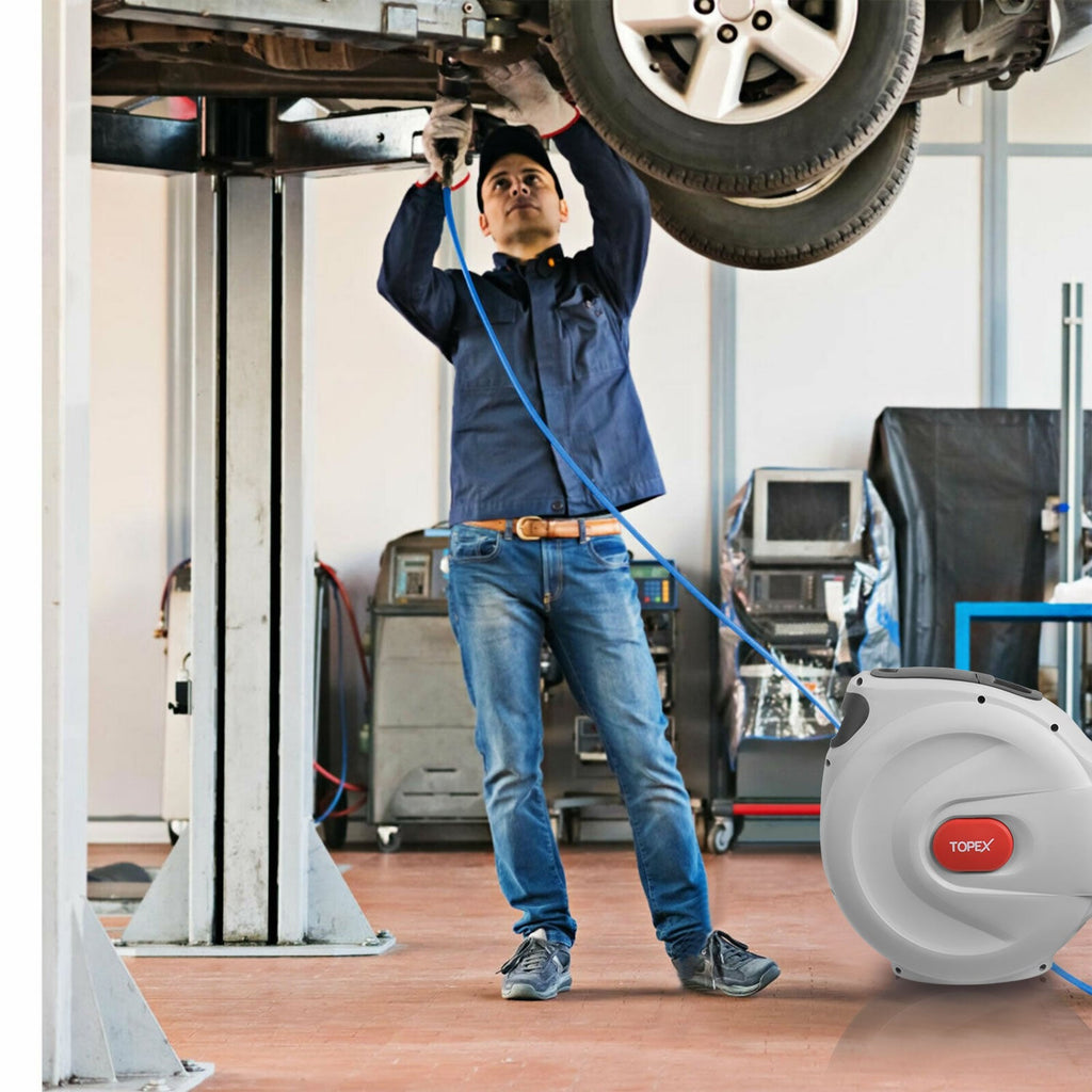 TOPEX 20M Air Hose Reel, 15 Bar Max Retractable Garden Hose Reel, Wall Mounted Air Compressor Hose Reel with Quick Coupling, Auto Rewind, Any Position Stop