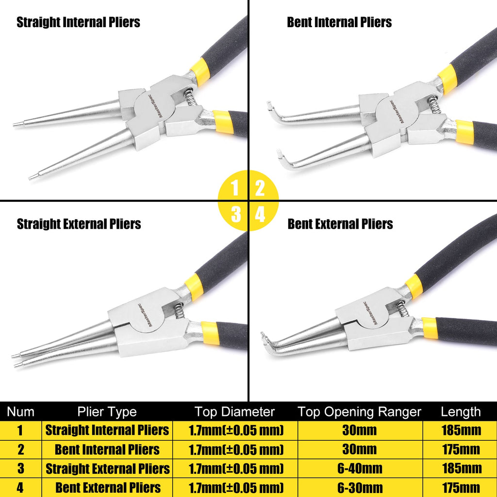 MasterSpec 7" Nickel Coated Circlip Pliers Set Snap Ring Remover Rolling Pounch