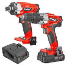 Load image into Gallery viewer, TOPEX 20V Cordless Combo Kit Hammer Drill &amp; Impact Driver w/ Fast Charger