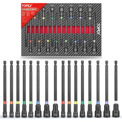 TOPEX 16Pcs Magnetic Impact Nut Driver Set Impact Grade Socket Extension Power Drill Bit Extensions Hex Shank Adapter Drill Nut Driver Tool Accessory