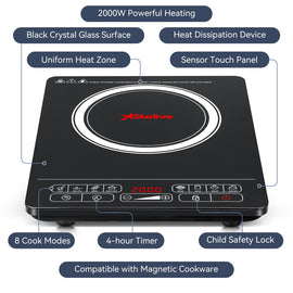 Stelive 2000W Electric Induction Cooktop Portable Kitchen Cooker 8 Power Levels Electric Burner Induction Cooker with Sensor Touch (Black)