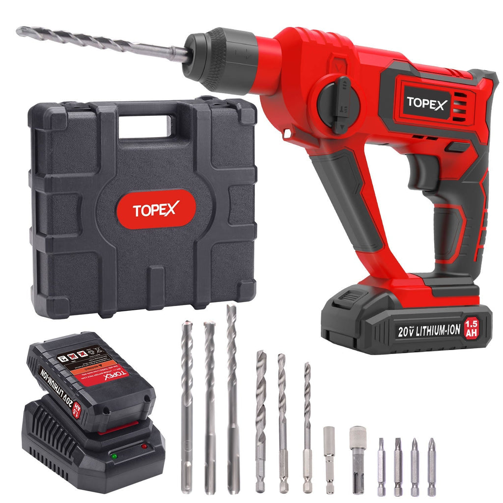 TOPEX 20V Max Lithium Cordless Rotary Hammer Drill Kit w/Battery Charger Bits