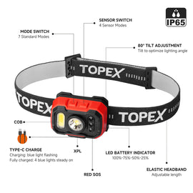 TOPEX Headlamp Rechargeable Head Torch, 1000 Lumens Waterproof LED Headlight with Red Lights, 11 Light Modes, Motion Sensor Control for Camping, Hiking, Outdoor