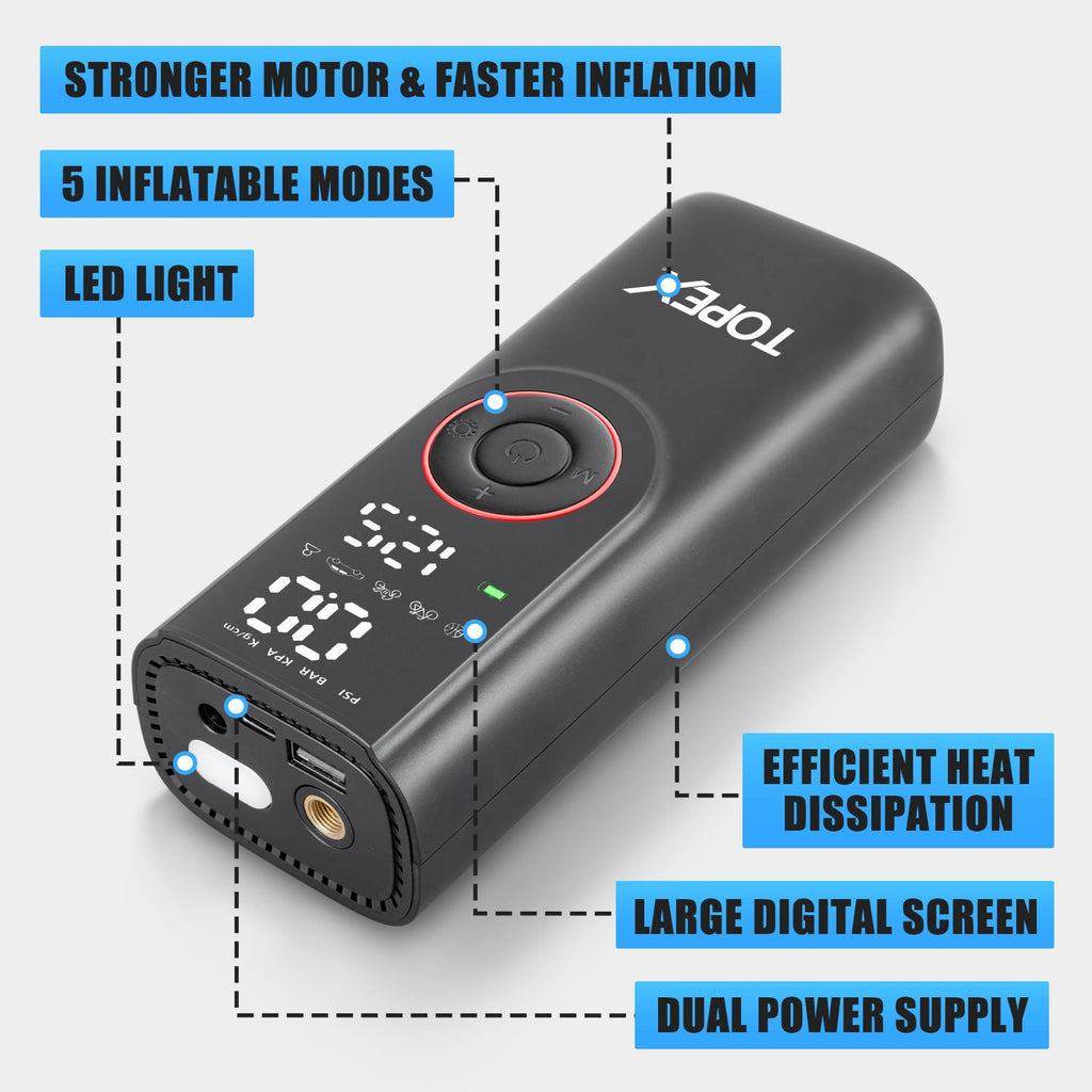 TOPEX 12V Car Tyre Inflator Portable Air Compressor Cordless Air Pump 150PSI Air Pump Dual Power Electric Tyre Pump for Car/ Motorcycle/ Bike/ Ball/ Custom
