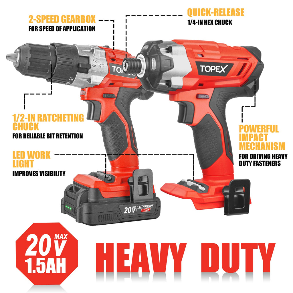 TOPEX 20V Cordless Combo Kit Hammer Drill & Impact Driver w/ Fast Charger