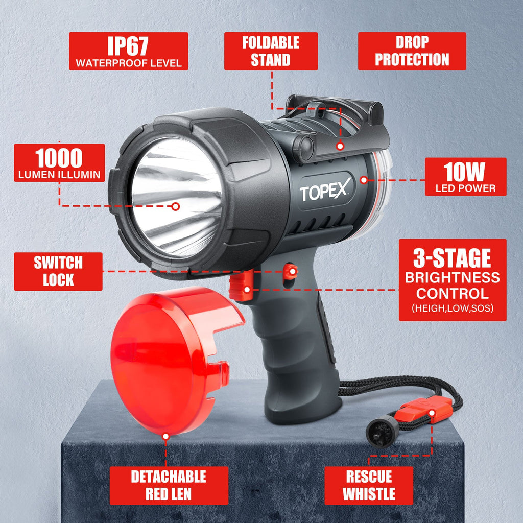 TOPEX Rechargeable Spotlight with 1000 Lumen Cree LED, IP67 Waterproof Handheld Flashlight Searchlight with Detachable Red Light Filter