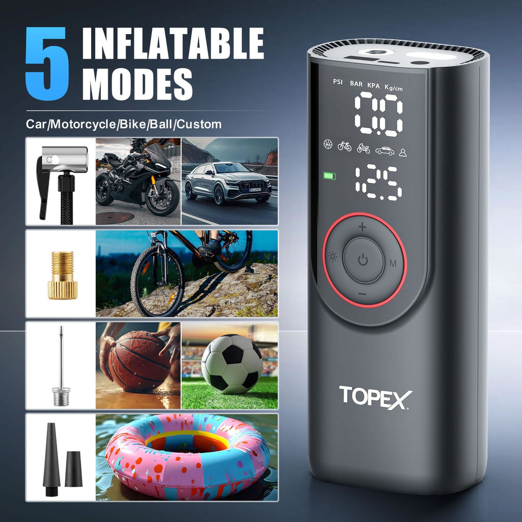 TOPEX 12V Car Tyre Inflator Portable Air Compressor Cordless Air Pump 150PSI Air Pump Dual Power Electric Tyre Pump for Car/ Motorcycle/ Bike/ Ball/ Custom