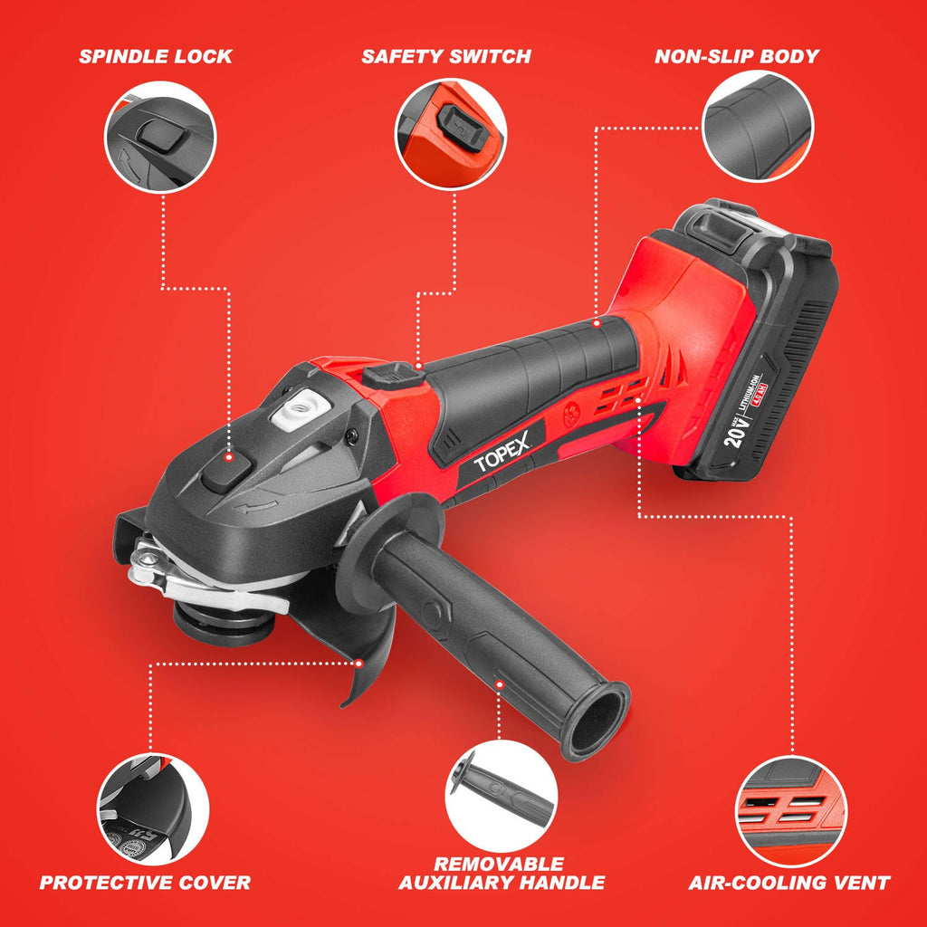 TOPEX 20V Cordless Angle Grinder 125mm Li-ion Grinding Cutting Power Tool