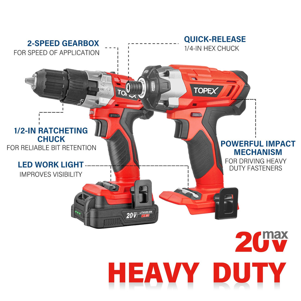 TOPEX 20V Cordless Twin Drill & Impact Driver Set & 32 Screwdriver Bits set