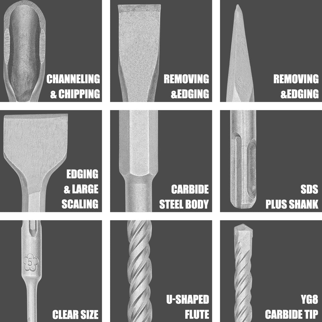 TOPEX 17 Piece SDS PLUS Rotary Hammer Drill Bits Set & Chisel Bits Hole Tool Set
