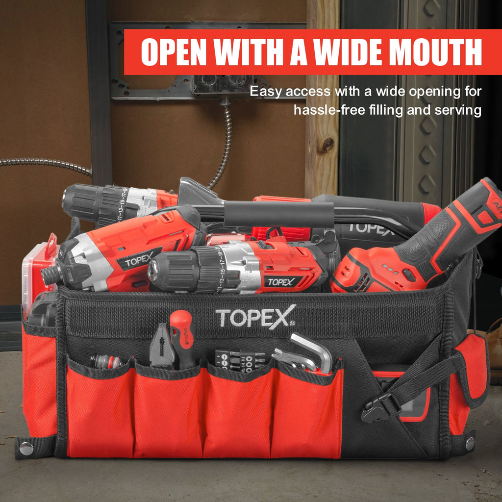 TOPEX 16 Inch Tool Bag, Multi-pocket Tool Organiser, High Bearing Wide Mouth Tool Tote Bag with Adjustable Shoulder Strap, Foldable, Rotatable Steel Handle