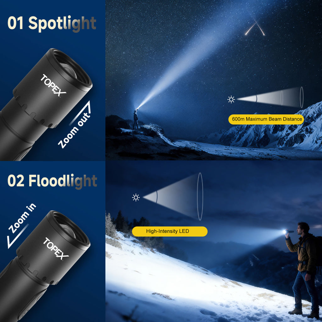 TOPEX LED Torch Rechargeable, 800 Lumens, 600M Super Bright Adjustable Focus Flashlight, 9 Lighting Modes, Waterproof Torch for Camping, Outdoor