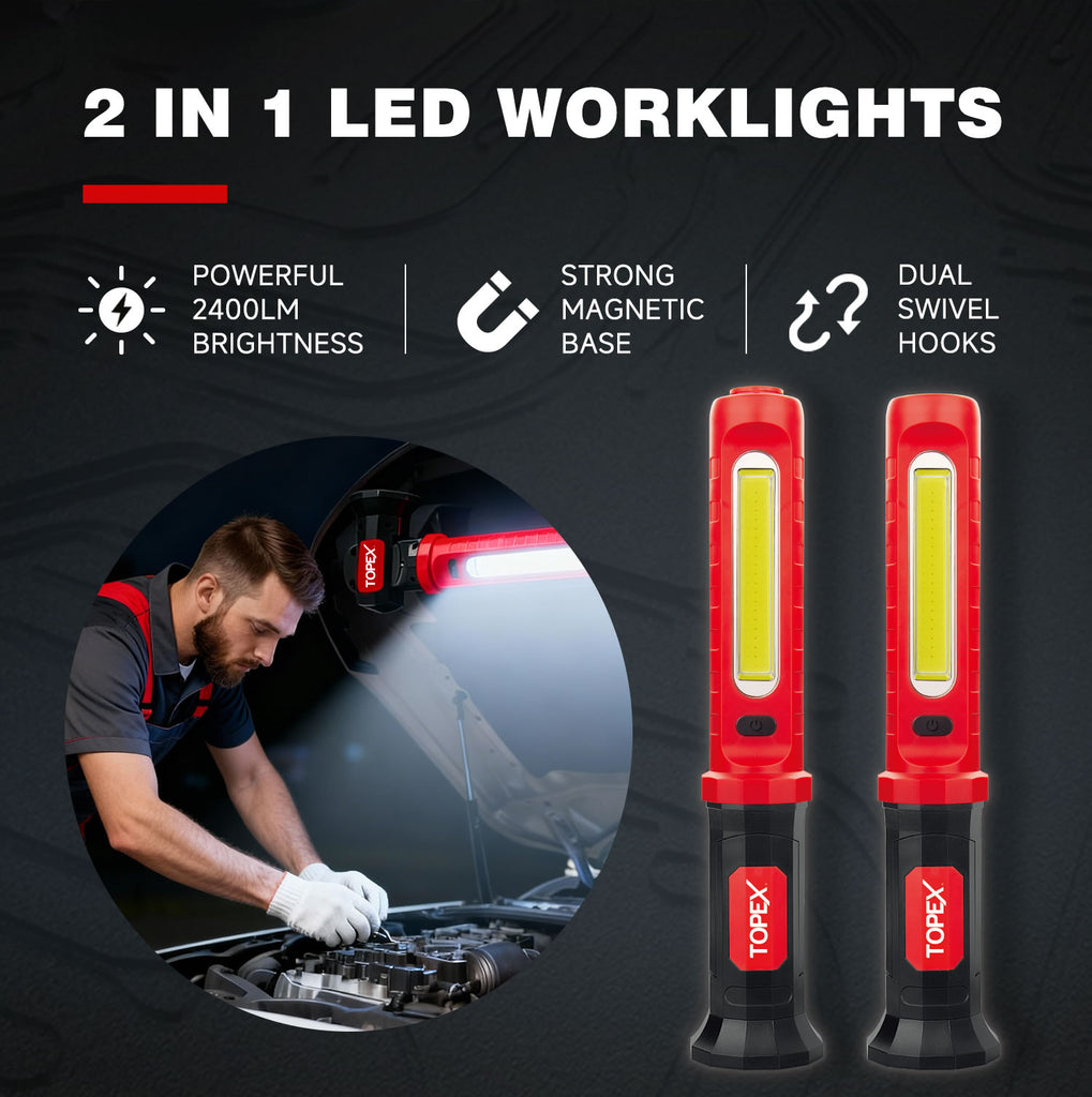 TOPEX 2 x 10W 2000 Lumens Magnetic Rechargeable Work Light with Hook for Car Repair, Garage, Workshop