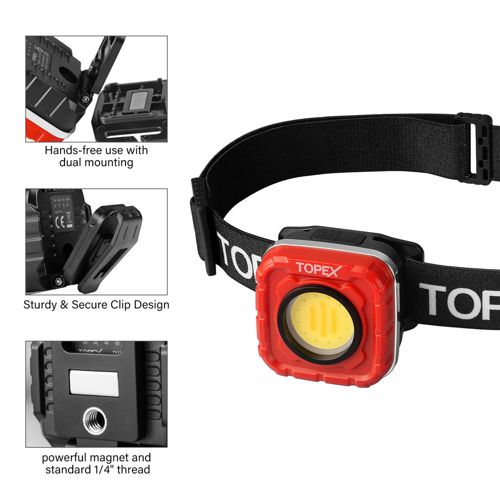 TOPEX 1000 Lumens Magnetic Base Rechargeable Work Light with 7 Light Modes & 10 Hours Runtime, IP64 Waterproof & Headlight, Detachable Head Lamp