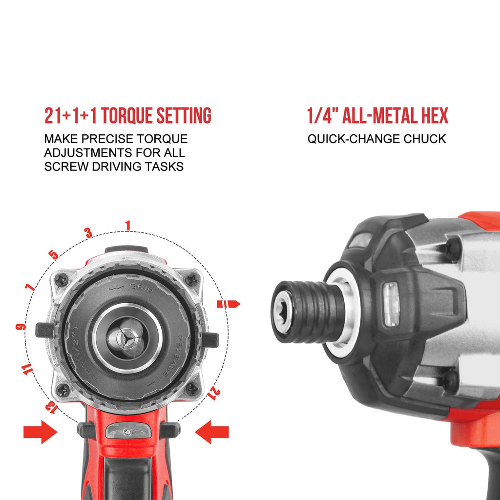 TOPEX 20V Cordless Hammer Drill Impact Driver Power Tool Combo Kit w/ Drill Bits