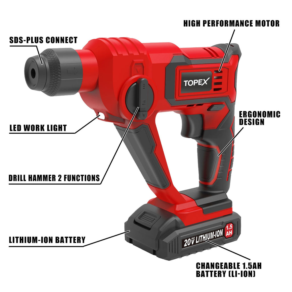 TOPEX 20V Max Lithium Cordless Rotary Hammer Drill Kit w/Battery Charger Bits
