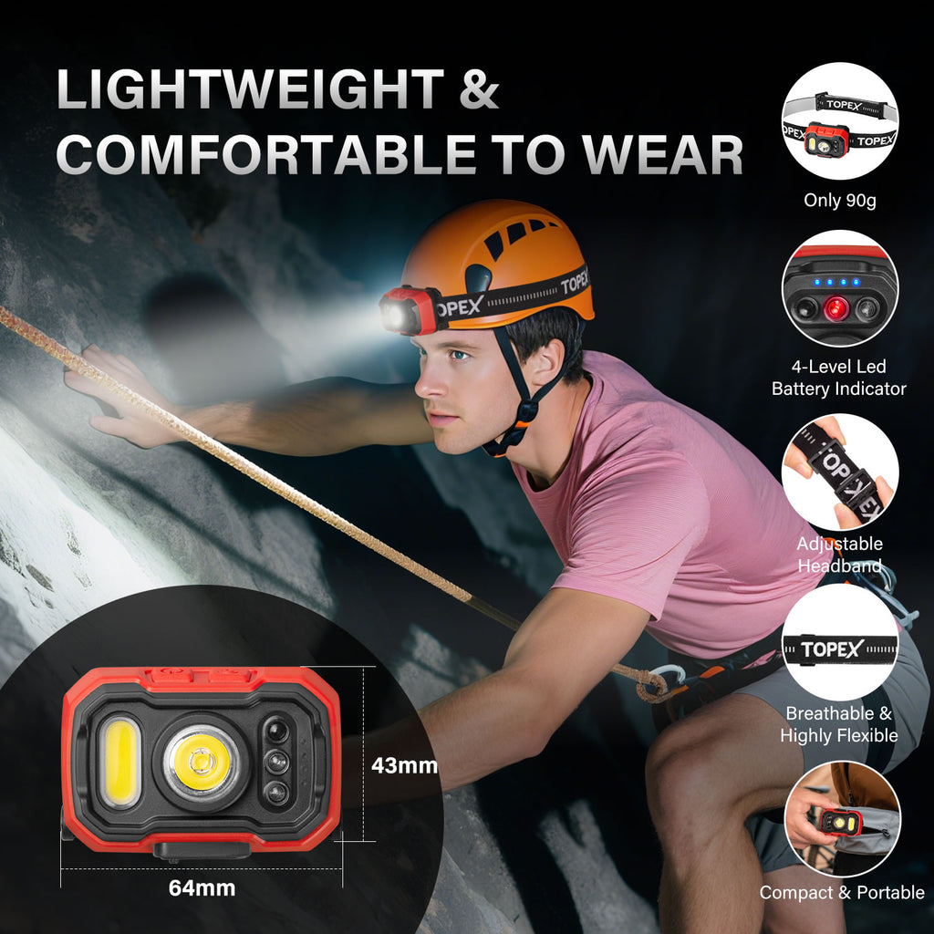 TOPEX Headlamp Rechargeable Head Torch, 1000 Lumens Waterproof LED Headlight with Red Lights, 11 Light Modes, Motion Sensor Control for Camping, Hiking, Outdoor