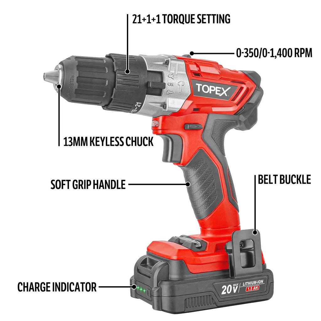 TOPEX 20V Lithium-Ion Cordless Drill Driver Impact Hammer drill w/ Battery Charger