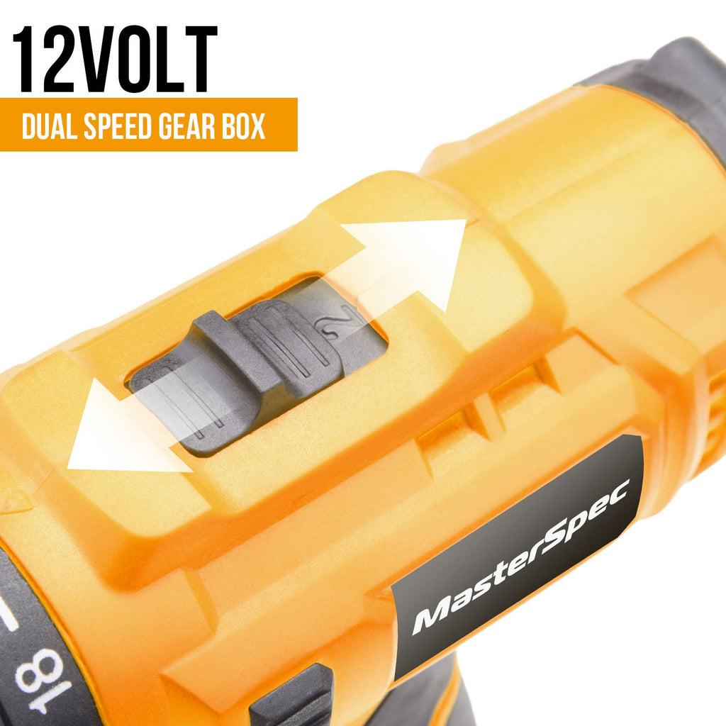MasterSpec 12V Cordless Drill Driver Screwdriver Accessories W/2 Batteries