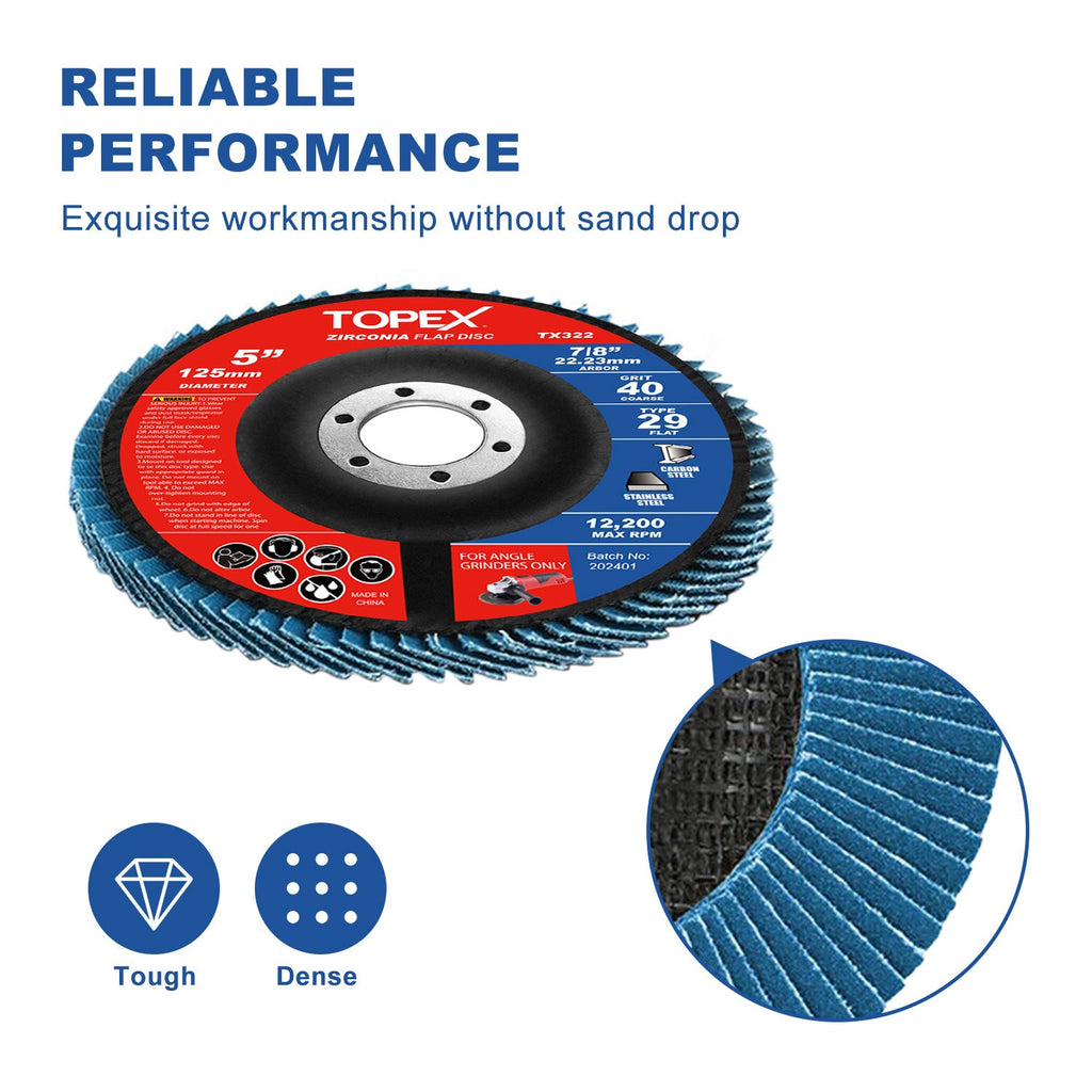 TOPEX 125mm Zirconia Flap Disc, 120 Grit, 10Pack