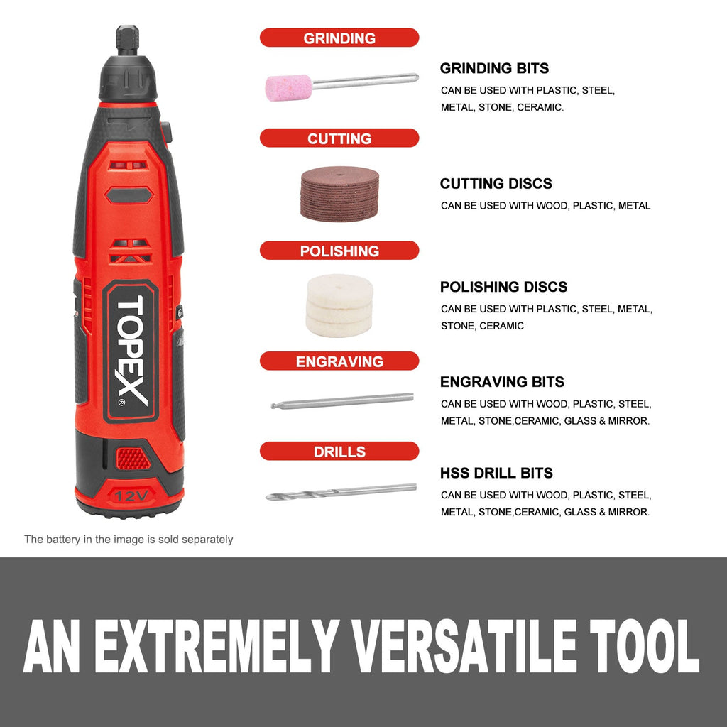 TOPEX 12V Cordless Rotary Tool Speed 5000-25000rpm Carving tool Set Grinding tool Kit - Skin Only