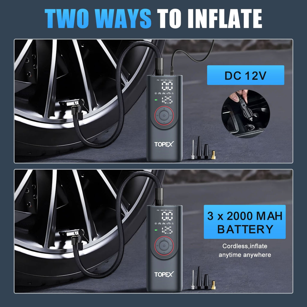 TOPEX 12V Car Tyre Inflator Portable Air Compressor Cordless Air Pump 150PSI Air Pump Dual Power Electric Tyre Pump for Car/ Motorcycle/ Bike/ Ball/ Custom