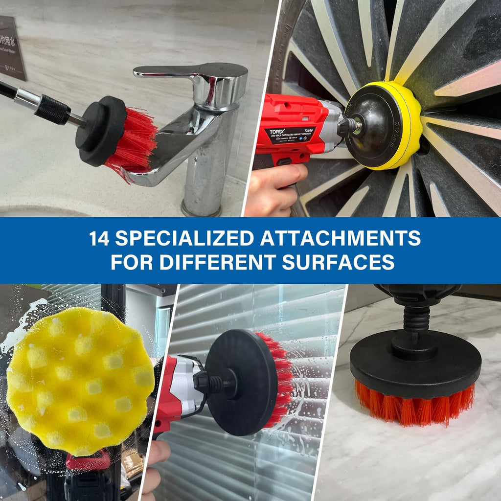 TOPEX 14-Piece Drill Brush Attachment Kit – 2-in-1 Cleaning & Polishing Power Scrubber Set