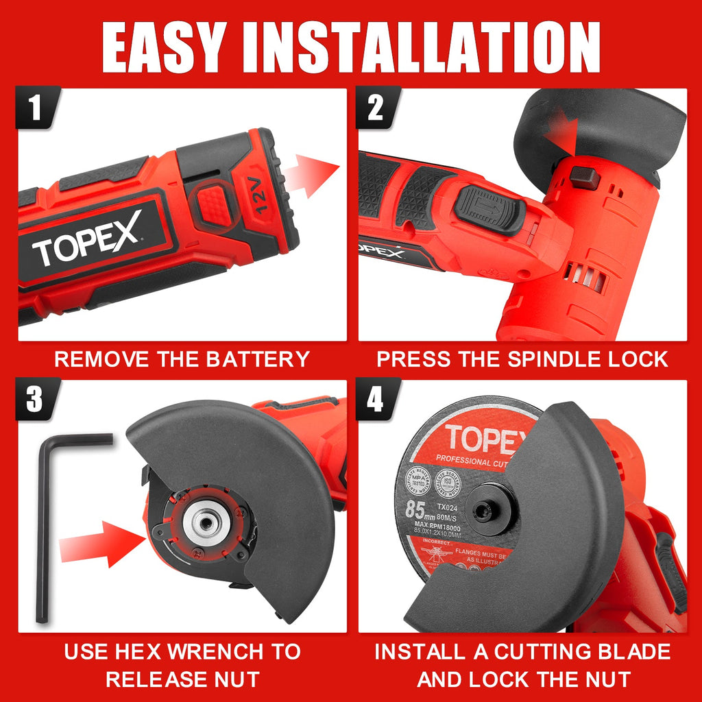 TOPEX 12V Cordless Angle Grinder Skin Only without Battery,with 2 Polishing disc & 1 Wrench for Metal and Wood