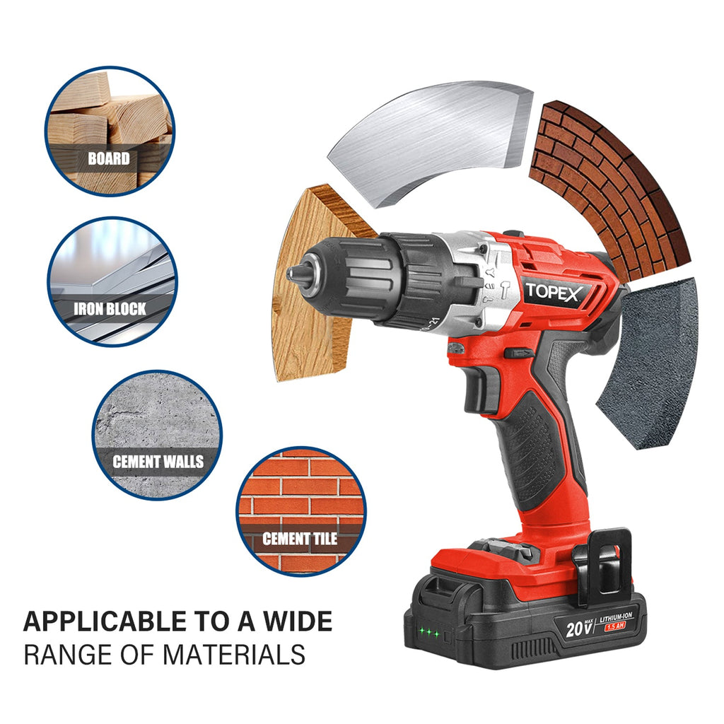 TOPEX 20V Lithium-Ion Cordless Drill Driver Impact Hammer drill w/ Battery Charger