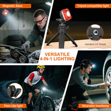 Load image into Gallery viewer, TOPEX 1000 Lumens Magnetic Base Rechargeable Work Light with 7 Light Modes &amp; 10 Hours Runtime, IP64 Waterproof &amp; Headlight, Detachable Head Lamp