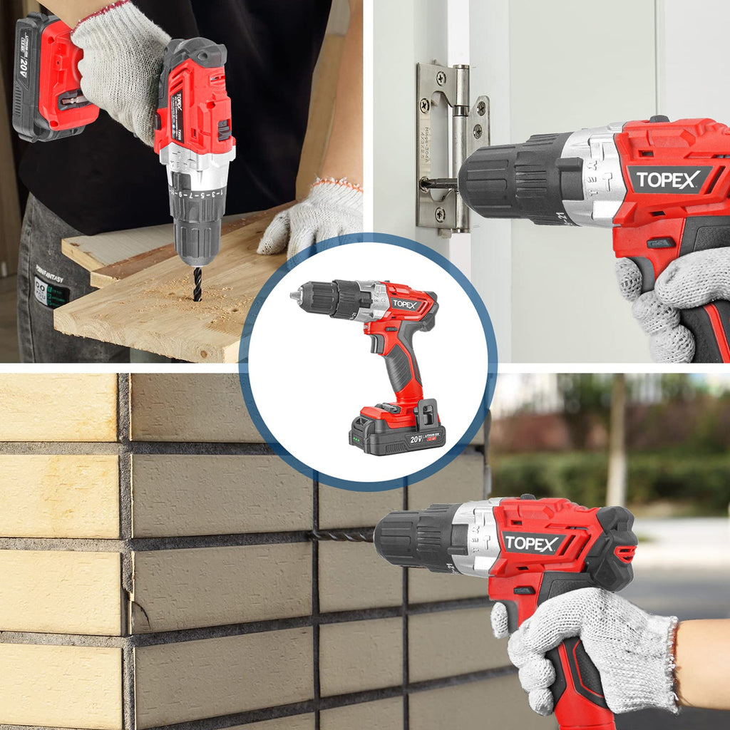 TOPEX 20V Lithium-Ion Cordless Drill Driver Impact Hammer drill w/ Battery Charger