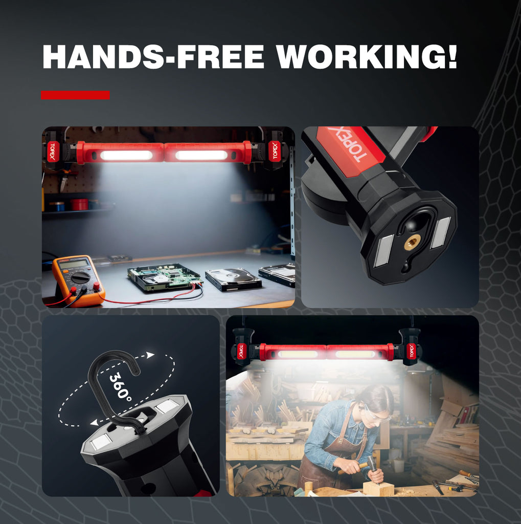 TOPEX 2 x 10W 2000 Lumens Magnetic Rechargeable Work Light with Hook for Car Repair, Garage, Workshop
