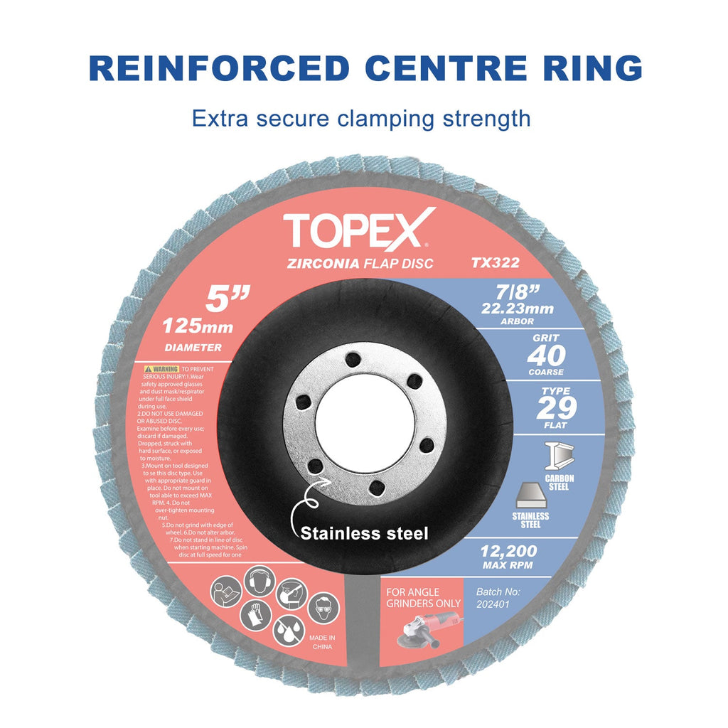 TOPEX 125mm Zirconia Flap Disc, 80 Grit, 10Pack