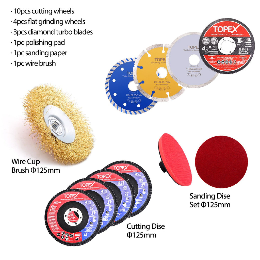 TOPEX 900W 125mm 5'' Angle Grinder w/ 20PCs 115mm Combo Discs Cut Grind Polish