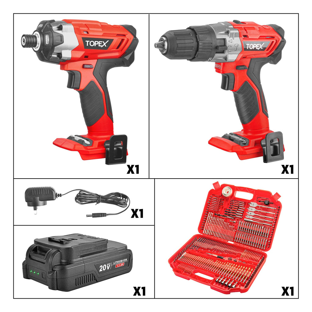 TOPEX 20V Cordless Hammer Drill Impact Driver Power Tool Combo Kit w/ Drill Bits